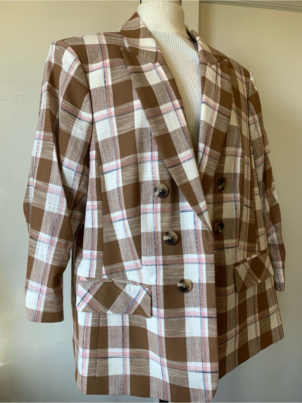 Veronica Beard  Cream, Brown and pink Plaid Double-Breasted Dickie Blazer